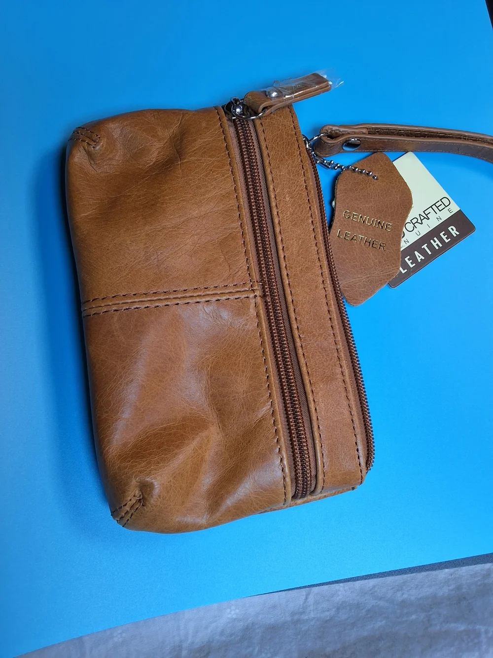 Genuine Leather unisex Wristlet Pouch - Tan